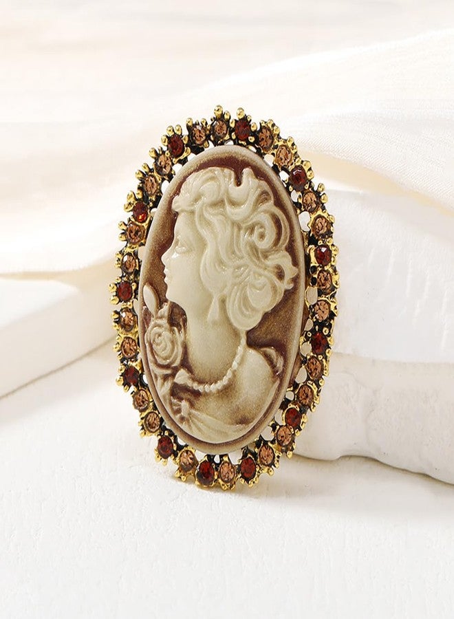 MXUHUI Vintage Style Cameo Victorian Lady Maiden Crystal Rhinestone Pin Brooch (Brown) - Image 3